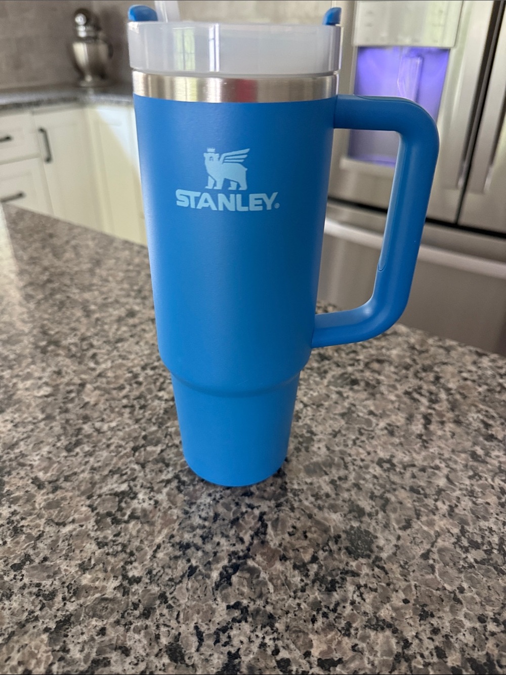 Stanley Blue Travel Tumbler with Handle and Clear Lid